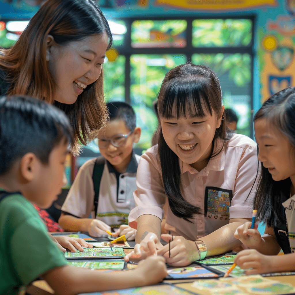 Happy interaction between teacher and student in a tuition center